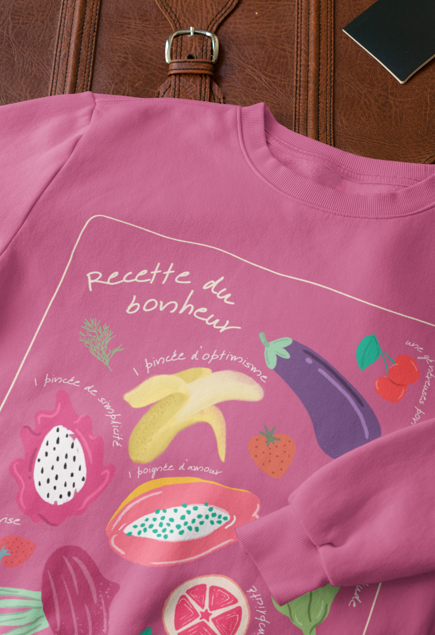 Sweatshirt crewneck à imprimer unisexe -RECETTE DU BONHEUR- pour adulte